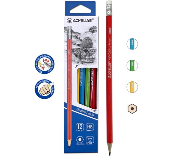 Изображение товара Карандаш чернографитный ACMELIAE HB с ластиком 12 шт шестигранный, 4 цвета корпуса 43013 EAN