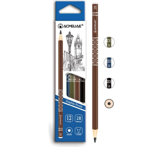 Изображение товара Карандаш чернографитный ACMELIAE 2B круглый 12 шт, 4 цвета корпуса с принтом черный, синий, зеленый, коричневый 43514 EAN