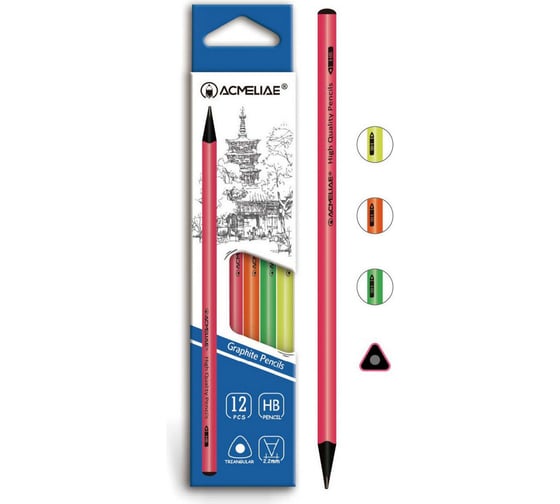 Изображение товара Карандаш чернографитный ACMELIAE HB трехгранный 12 шт, черное дерево, корпус неоновый, 4 цвета корпуса 43515 EAN