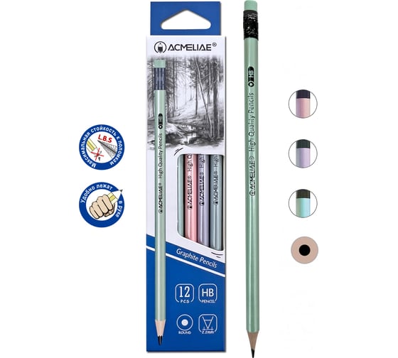 Изображение товара Карандаш чернографитный ACMELIAE HB с ластиком круглый 12 шт, корпус перламутровый, 4 цвета корпуса 43016 EAN