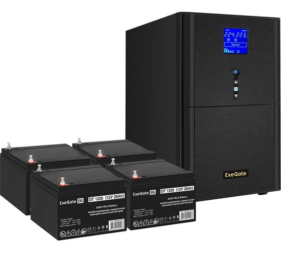 Изображение товара Комплект ИБП ExeGate EX295990RUS+батарея26AчEX282970RUS4шт. инвертор, синус, для котлаSineTowerSZ-3000.LCD.AVR.3SH.1C13.RJ.USB3000VA2400W, чистая синусоида, LCDдисплей, AVR, 3*Schuko 296858