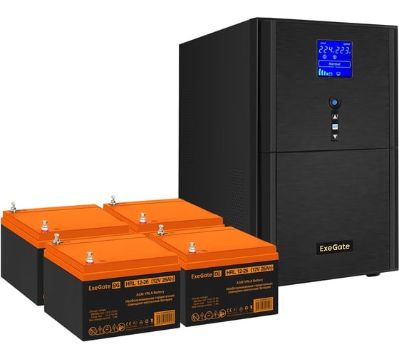 Изображение товара Комплект ИБП ExeGate EX295990RUS+батарея26AчEX285663RUS4шт. инвертор, синус, для котлаSineTowerSZ-3000.LCD.AVR.3SH.1C13.RJ.USB3000VA2400W, чистая синусоида, LCDдисплей, AVR, 3*Schuko 296859