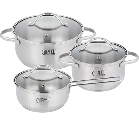 Изображение товара Набор кастрюль GIPFEL AZALEA из 6 предметов: Ковш 16x7.5 см, 1.2л, 2 кастрюли 16x9.5/ 1.5л, 20x9.5/ 2.5л, с крышками, с индукционным капсульным дном нержавеющая сталь 18/10 толщина: 0.5 мм 51061