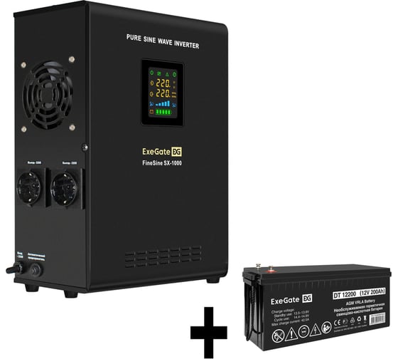 Изображение товара Комплект ИБП ExeGate EX295997RUS+батарея200AчEX282991RUS1шт. инвертор, синус, для котла, настенныйFineSineSX-1000.LCD.AVR.2SH1000VA600W, чистая синусоида, цветнойLCD-дисплей, 296561
