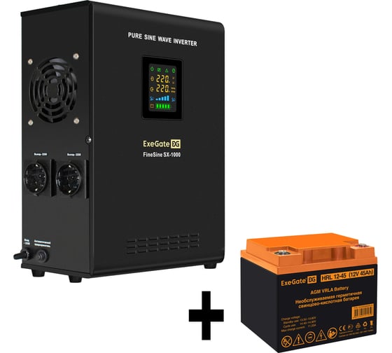 Изображение товара Комплект ИБП ExeGate EX295997RUS+батарея45AчEX285666RUS1шт. инвертор, синус, для котла, настенныйFineSineSX-1000.LCD.AVR.2SH1000VA600W, чистая синусоида, цветнойLCD-дисплей, A 296545
