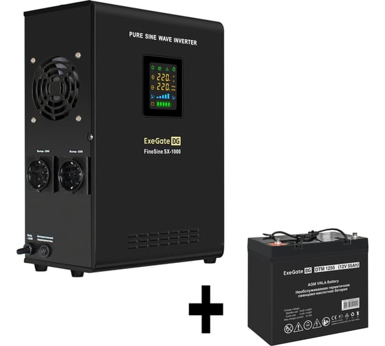Изображение товара Комплект ИБП ExeGate EX295997RUS+батарея55AчEX285667RUS1шт. инвертор, синус, для котла, настенныйFineSineSX-1000.LCD.AVR.2SH1000VA600W, чистая синусоида, цветнойLCD-дисплей, A 296546