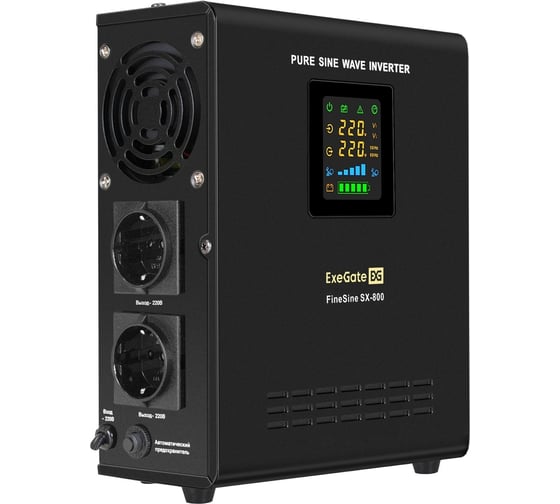 Изображение товара ИБП ExeGate инвертор синус для котла настенный FineSine SX-800 LCD AVR 2SH 800VA/500Wчистая синусоида цветной LCD-дисплей AVR 2 Schuko линейно-интерактивный внешняя батарея 12В до 200Ач настенный Black 295996