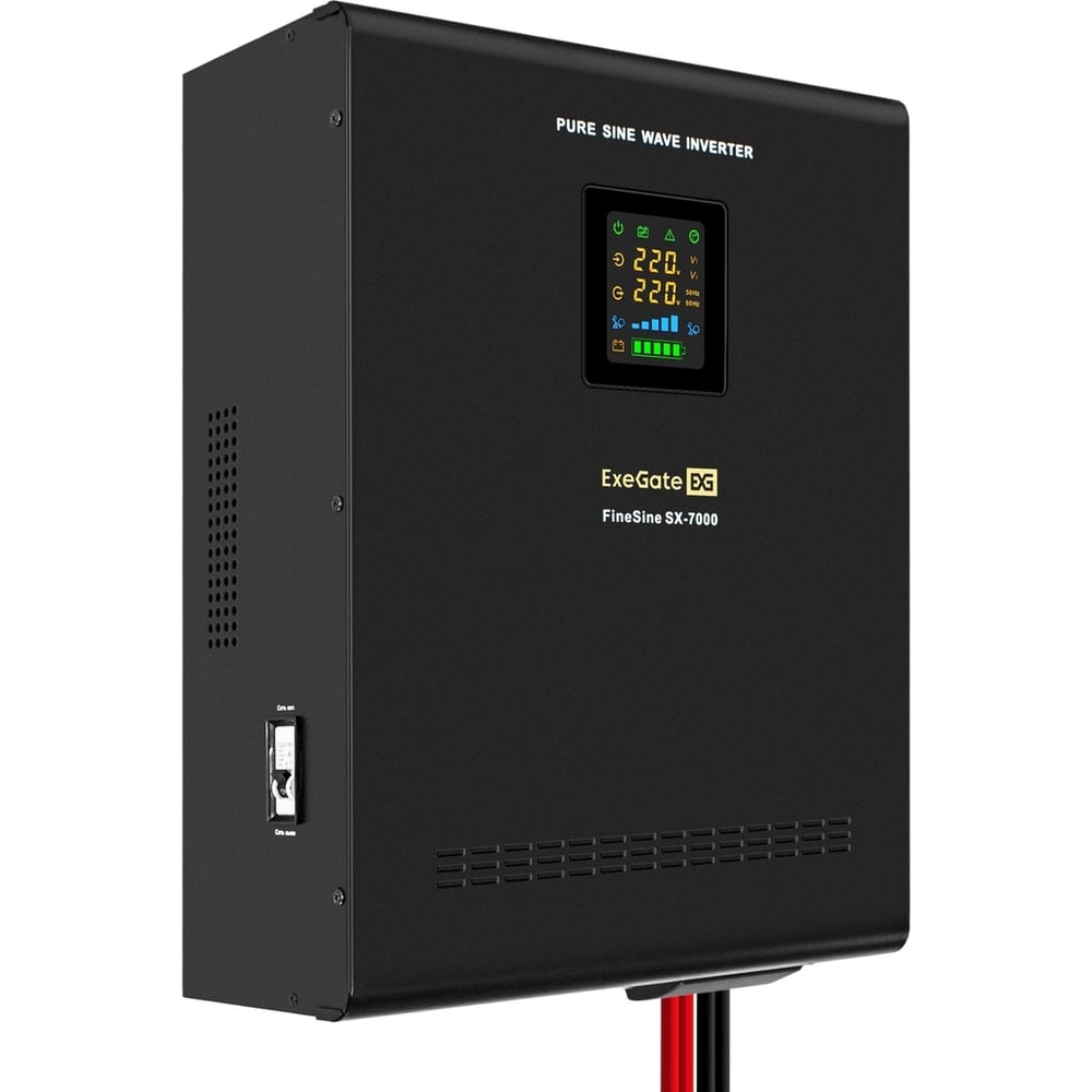 ИБП ExeGate инвертор синус для котла настенный FineSine SX-7000 LCD AVR 2SH T 7000VA/5000W чистая синусоида цветной LCD-дисплей AVR 2 Schuko клеммы линейно-интерактивный внешняя батарея 48В до 200Ач настенный Black 296005