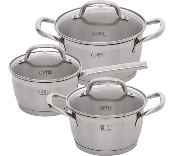 Изображение товара Набор посуды GIPFEL ERA 6 предметов: ковш 16x9 см, 1,5 л, кастрюля 18x10 см, 2 л, кастрюля 20x11 см, 3 л со стеклянными крышками с индукционным капсульным дном нержавеющая сталь 18/10 толщина 0,6 мм 1510