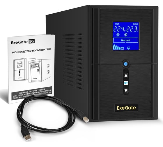 Изображение товара ИБП ExeGate инвертор, синус, для котла SineTower SN-1000.LCD.AVR.2SH.1C13.USB 1000VA 800W, чистая синусоида, LCD дисплей, AVR, 2*Schuko+1*C13, USB, линейно-интер 295981
