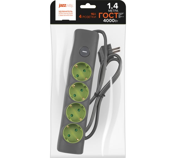 Изображение товара Универсальный электрический удлинитель Jazzway ET-04-140G (4 x 1,4)шторки заземление выключатель 5051850