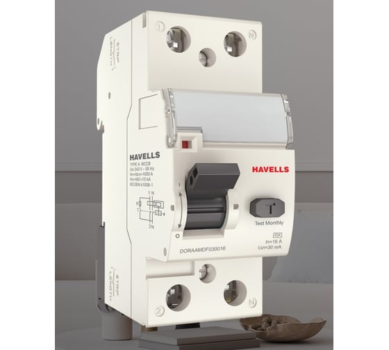 Изображение товара Устройство защитного отключения Havells 1P+N, In 16А, In 30 мА, Тип A, 2М 7701660