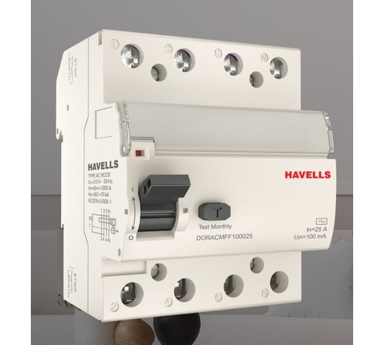 Изображение товара Устройство защитного отключения Havells 3P+N, In 25А, In 100 мА, Тип АС, 4М 7701658