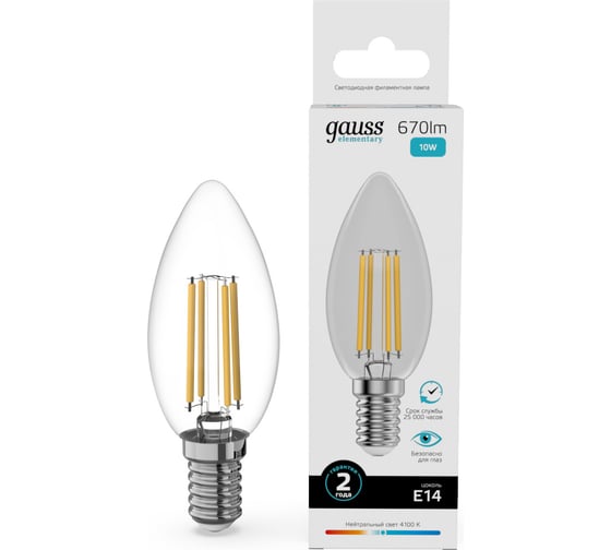 Изображение товара Лампа Gauss Filament Elementary Свеча 10W 670lm 4100К Е14 LED 1/10/100 32120