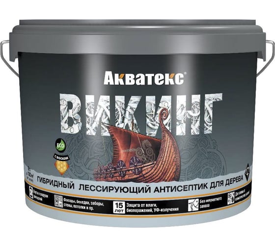 Изображение товара Антисептик для дерева Акватекс Викинг 65090, лессирующий, полуматовый, 9 л, белый 272530
