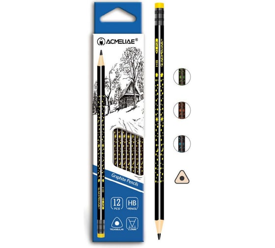 Изображение товара Карандаш чернографитный ACMELIAE 12 шт HB с ластиком, трехгранный, корпус черный с принтом 43127 EAN