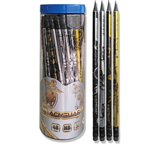 Изображение товара Карандаш чернографитный ACMELIAE HB с ластиком 48 шт круглый, корпус золотой и серебряный 43170 EAN