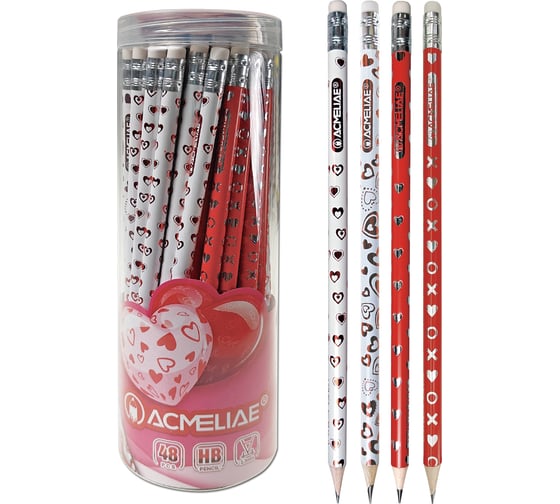 Изображение товара Набор чернографитных карандашей ACMELIAE HB Сердца с ластиками и вкладышами, тубус 48 шт 43216