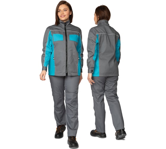 Изображение товара Костюм женский Прабо " Бренд 1" 2020 с удлиненной курткой серый/бирюза р-р 60-62/170-176 40579