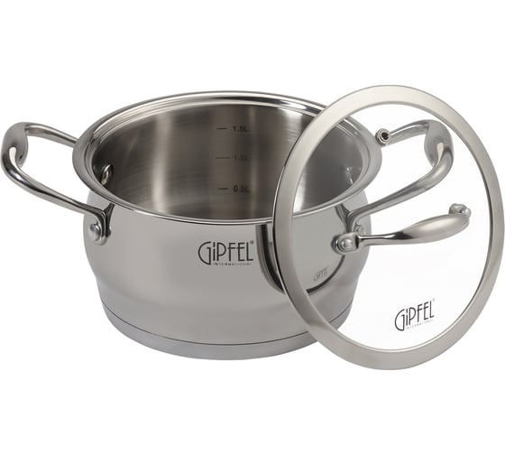 Изображение товара Кастрюля GIPFEL CANTATA 16x9 см/1.8 л, со стеклянной крышкой, с индукционным капсульным дном, нержавеющая сталь 18/10, 0.7 мм/6 мм 1262