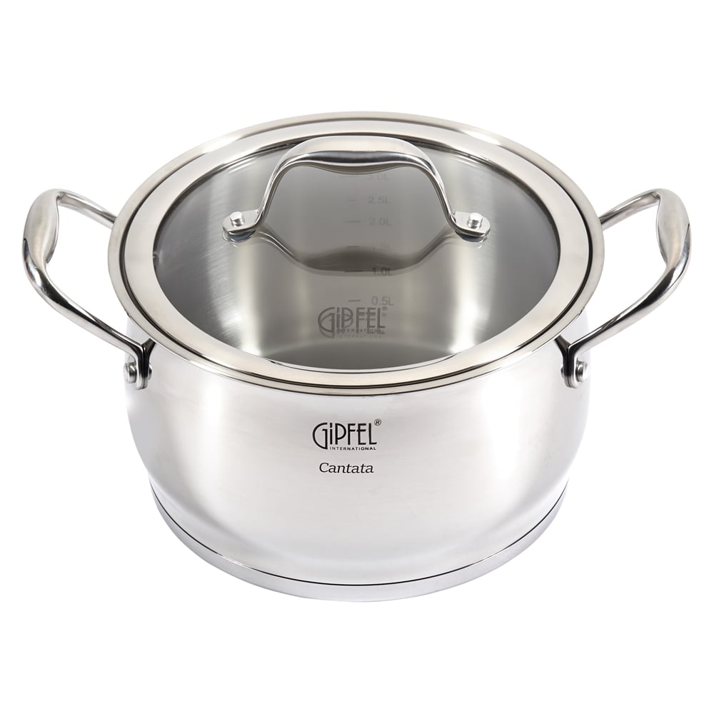 Изображение товара Кастрюля GIPFEL CANTATA 20x12 см/3.7 л, со стеклянной крышкой, с индукционным капсульным дном, нержавеющая сталь 18/10, 0.7 мм/6 мм 1264