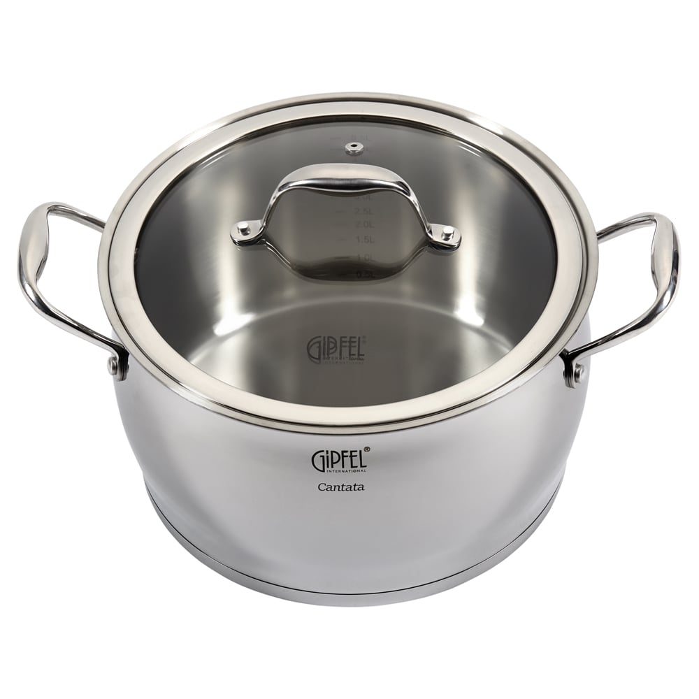 Изображение товара Кастрюля GIPFEL CANTATA 24x14 см/6 л, со стеклянной крышкой, с индукционным капсульным дном, нержавеющая сталь 18/10, 0.7 мм/6 мм 1265