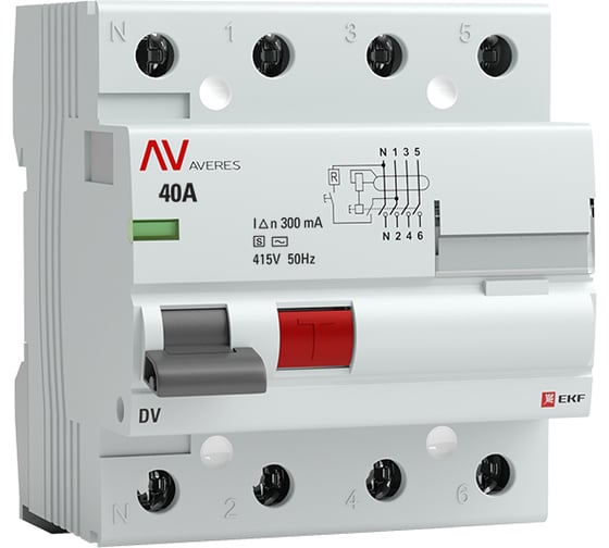 Изображение товара Устройство защитного отключения EKF DV, 4P, 40А/300мА, S, AVERES rccb-4-40-300-s-av