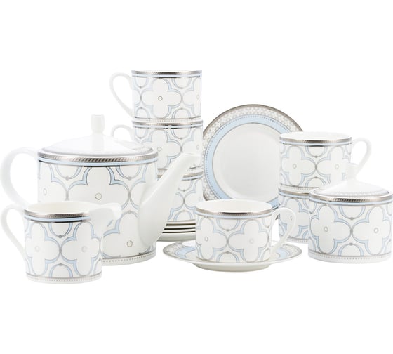 Изображение товара Чайный сервиз GIPFEL PATRICIA чайник заварочный 1300 мл, сахарница 350 мл, соусник 250 мл, чашка 200 мл (6 шт.) и блюдце 15 см (6 шт.), костяной фарфор, белый с голубым 42853