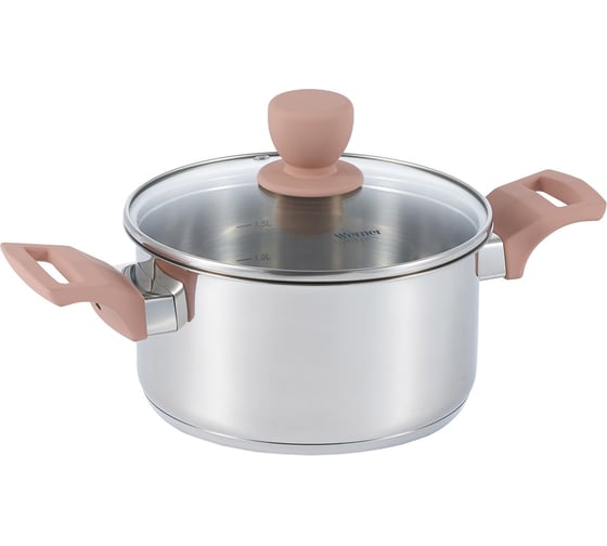 Изображение товара Кастрюля WERNER ELETTO 18x9,5см/2,4л со стеклянной крышкой, с индукционным дном. Материал: нерж. сталь. Толщина стенок: 0,5 мм, толщина дна: 2,9 мм. 51870