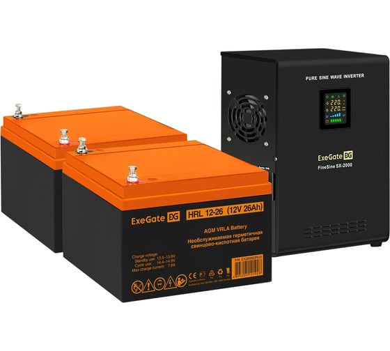 Изображение товара Комплект ExeGate ИБП EX296001RUS+батарея 26Aч EX285663RUS 2шт инвертор,синус,для котла,настенный FineSineSX-2000.LCD.AVR.2SH2000VA1400W,чистая синусоида,цветной LCD-дисплей, 296586