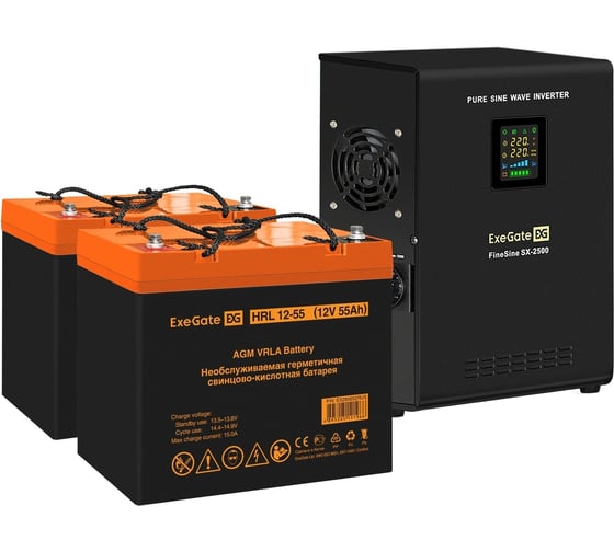 Изображение товара Комплект ExeGate ИБП EX296002RUS+батарея 55Aч EX285652RUS 2шт инвертор,синус,для котла,настенный FineSineSX-2500.LCD.AVR.2SH2500VA1800W,чистая синусоида,цветной LCD-дисплей, 296616