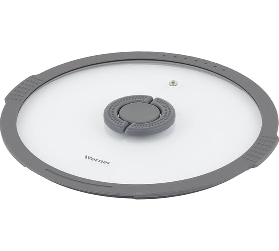 Изображение товара Крышка стеклянная WERNER IMOLA 28см с силиконовым ободком и складной нейлоновой ручкой. Цвет: серый. Материал: закаленное стекло, силикон, нейлон 51094