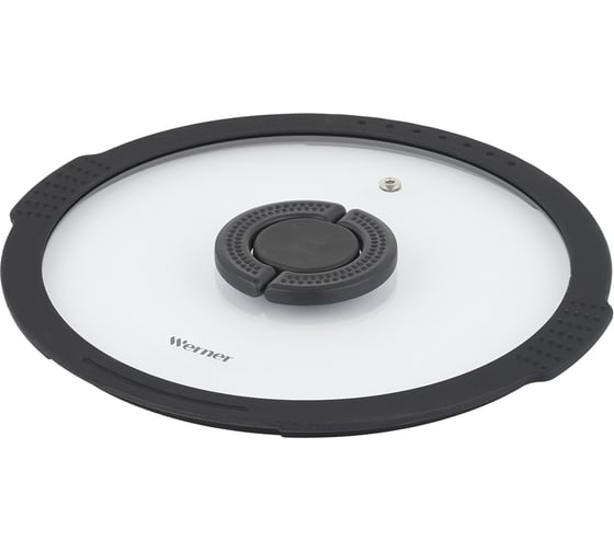 Изображение товара Крышка стеклянная WERNER IMOLA 20см с силиконовым ободком и складной нейлоновой ручкой. Цвет: черный. Материал: закаленное стекло, силикон, нейлон. 50208