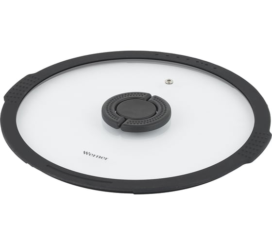 Изображение товара Крышка стеклянная WERNER IMOLA 28см с силиконовым ободком и складной нейлоновой ручкой. Цвет: черный. Материал: закаленное стекло, силикон, нейлон. 50211