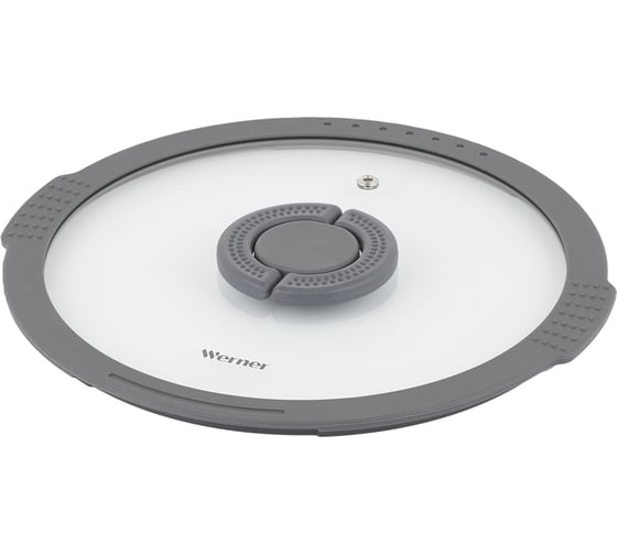 Изображение товара Крышка стеклянная WERNER IMOLA 24см с силиконовым ободком и складной нейлоновой ручкой. Цвет: серый. Материал: закаленное стекло, силикон, нейлон 51092