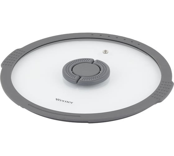 Изображение товара Крышка стеклянная WERNER IMOLA 26см с силиконовым ободком и складной нейлоновой ручкой. Цвет: серый. Материал: закаленное стекло, силикон, нейлон 51093