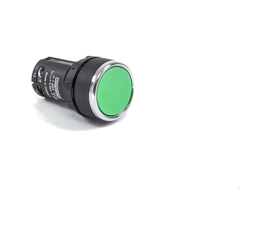 Изображение товара Нажимная моноблочная кнопка Emas зелёная 22мм, IP40, 1НЗ+1НЗ, 240В перенного тока, 0,3А. MB202DY