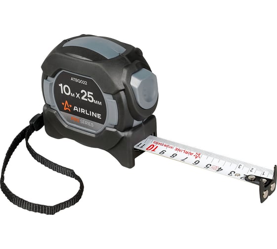 Изображение товара Рулетка в прорезиненном корпусе Airline PRO 10 м, 25 мм, автостоп, двойной магнитный зацеп, нейлон, двусторонняя шкала ATBQ022