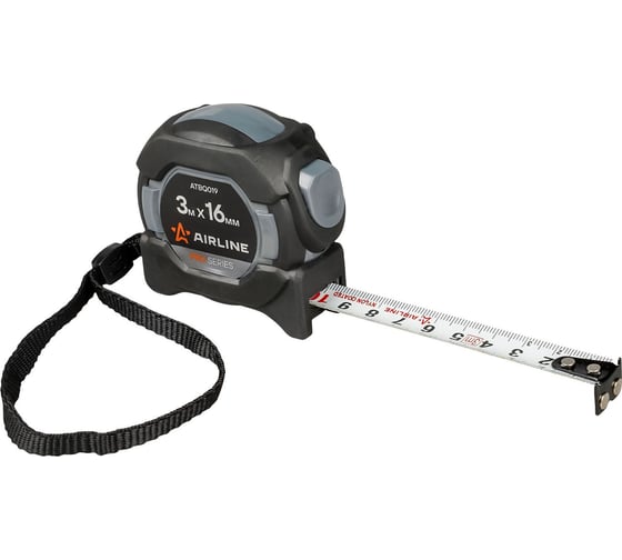 Изображение товара Рулетка в прорезиненном корпусе Airline PRO 3 м, 16 мм, автостоп, магнитный зацеп, нейлон, двусторонняя шкала ATBQ019