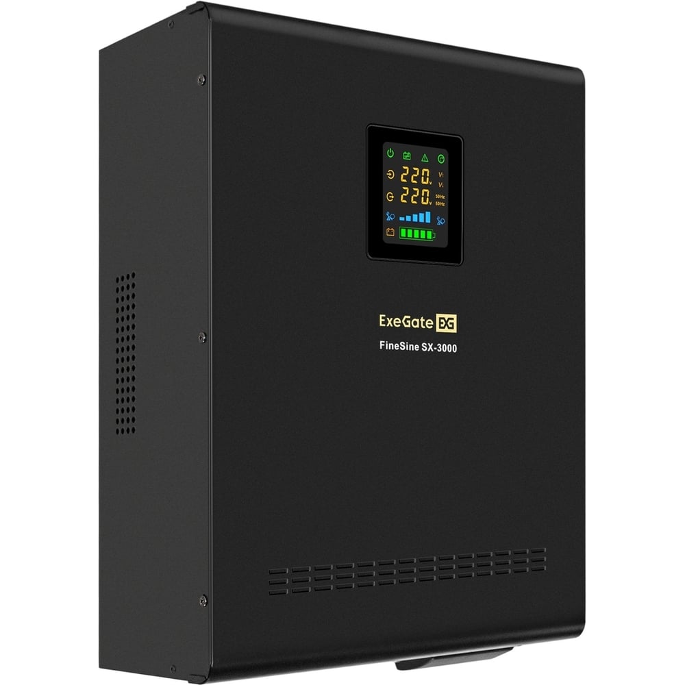 ИБП ExeGate инвертор синус для котла настенный FineSine SX-3000 LCD AVR 2SH T 3000VA/2100W чистая синусоида цветной LCD-дисплей AVR 2 Schuko клеммы линейно-интерактивный внешняя батарея 48В до 200Ач настенный Black 296003