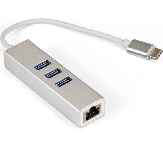 Изображение товара Кабель-адаптер ExeGate EXE-77C-45 USB3.0 Type C -- 3xUSB3.0 + 1xRJ45 UTP 1000Mbps RLT8153, корпус алюминиевый, серебристый 294188
