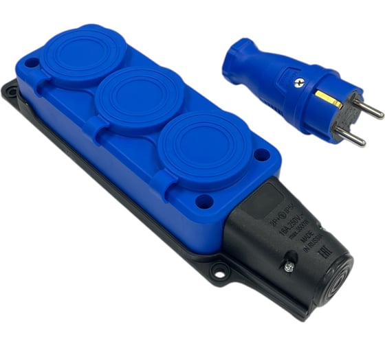 Изображение товара Комплект NVO: каучуковая кабельная колодка 3 гнезда с заземлением и крышкой 16А IP54 + вилка цвет синий 4601 4143 NVO-KI-COMBI-K-3-V-16-54-BLUE