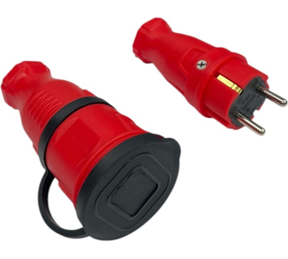 Изображение товара Комплект NVO: каучуковая кабельная розетка с заземлением и крышкой 16А IP44 + вилка цвет красный 4401 4402 NVO-KI-COMBI-R-V-16-44-RED