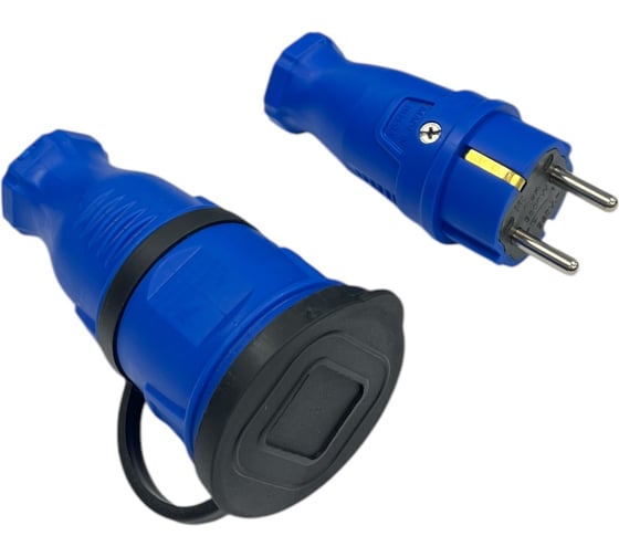 Изображение товара Комплект NVO: каучуковая кабельная розетка с заземлением и крышкой 16А IP44 + вилка цвет синий 4601 4602 NVO-KI-COMBI-R-V-16-44-BLUE