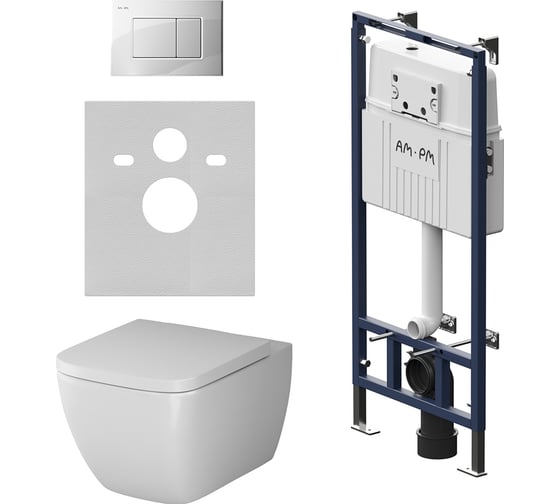 Изображение товара Инсталляция AM.PM MasterFit с клавишей S глянцевый белый, с подвесным унитазом Gem FlashClean, с сиденьем IS100201.901701
