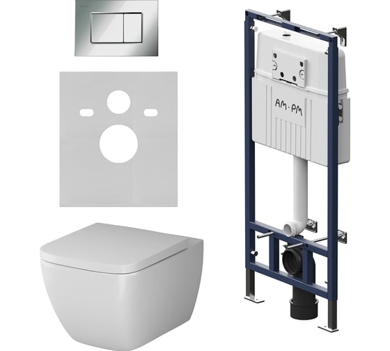 Изображение товара Инсталляция AM.PM MasterFit с клавишей S глянцевый хром, с подвесным унитазом Gem FlashClean, с сиденьем IS100251.901701