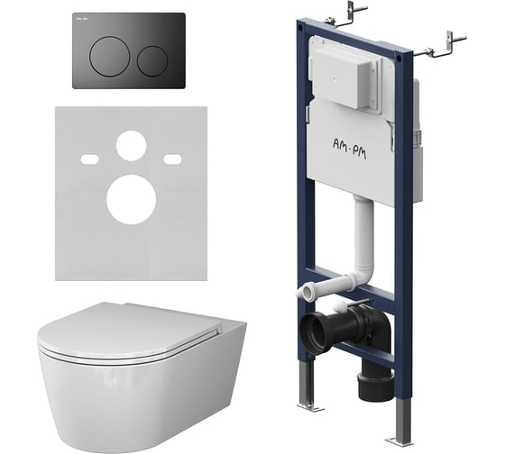 Изображение товара Инсталляция AM.PM с клавишей PrimeFit L матовый черный, с подвесным унитазом Func 54 FlashClean, с сиденьем с микролифтом IS90138.8F1701