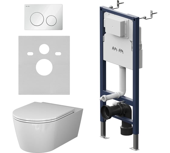 Изображение товара Инсталляция AM.PM с клавишей PrimeFit L белый глянцевый, с подвесным унитазом Func 54 FlashClean, с сиденьем с микролифтом IS90101.8F1701