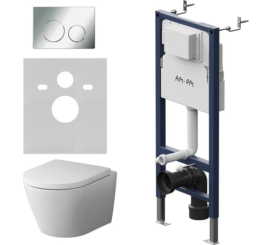 Изображение товара Инсталляция AM.PM с клавишей PrimeFit L глянцевый хром, с подвесным унитазом Sense FlashClean, с сиденьем с микролифтом IS90151.741701