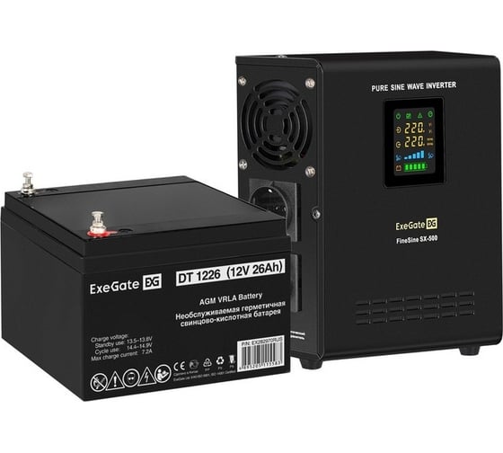 Изображение товара Комплект ExeGate ИБП EX295995RUS + батарея 26Aч EX282970RUS 1шт инвертор, синус, для котла, настенный FineSine SX-500.LCD.AVR.2SH500VA300W, чистая синусоида, цветной LCD-дисплей, AVR 296493